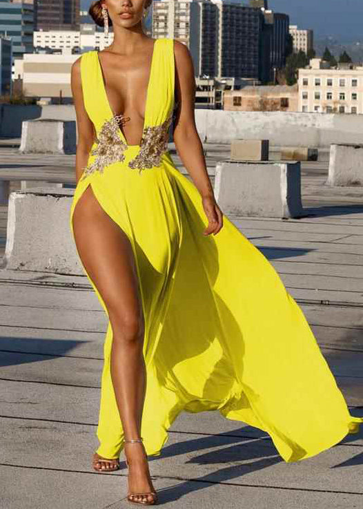 Yellow Deep-v Neck Side Open Party Dresses Summer