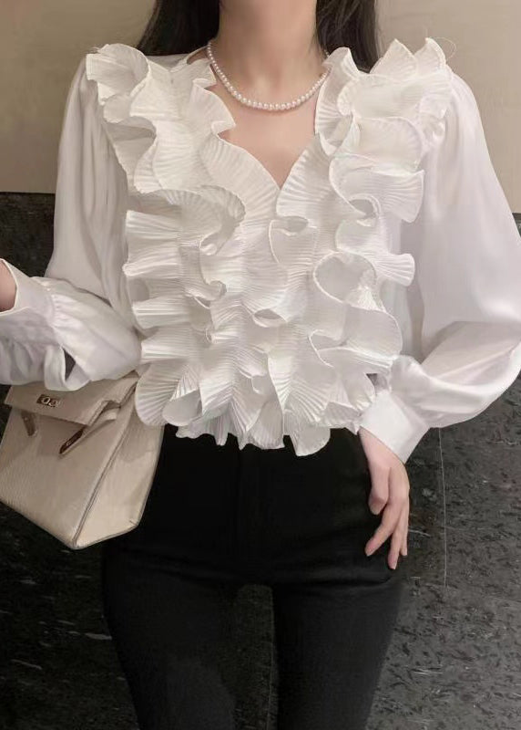 White V Neck Ruffled Chiffon Blouses Spring
