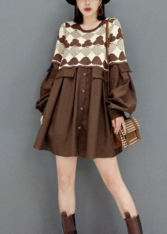 Style Black O-neck Button Print Patchwork Knit Dresses Spring