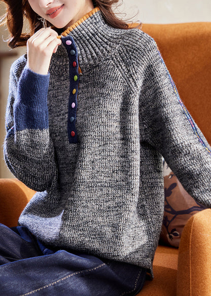 Loose Grey Turtleneck Cozy Patchwork Knit Sweaters Spring