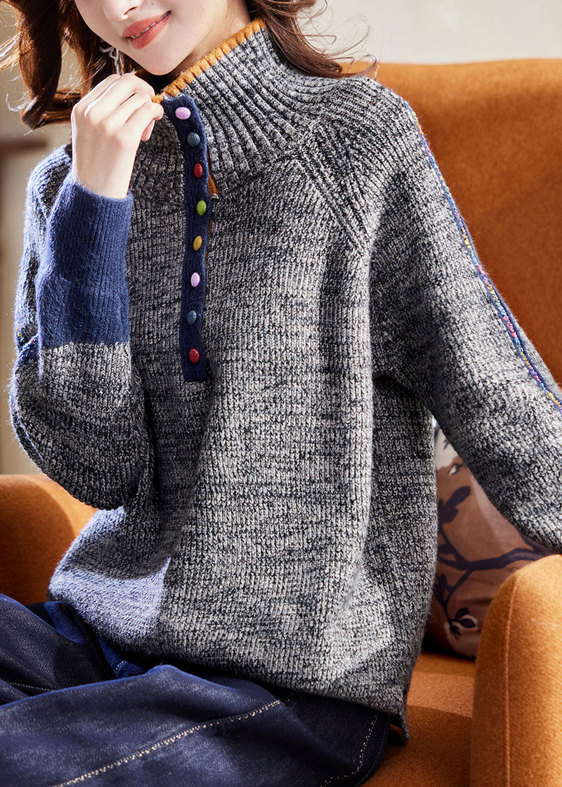Loose Grey Turtleneck Cozy Patchwork Knit Sweaters Spring