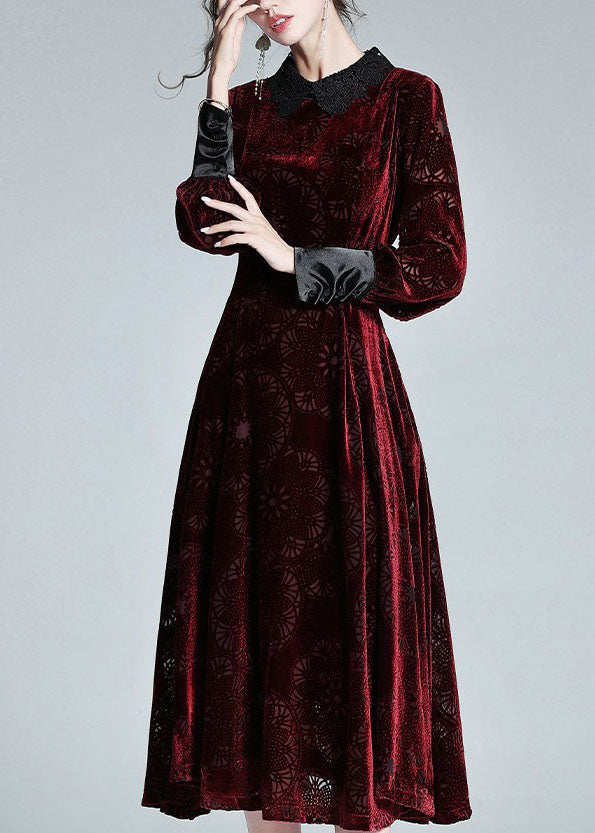 Mulberry Peter Pan Collar Patchwork Velour Dress Spring
