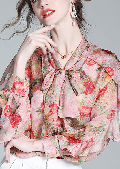 Pink O-neck Ruffled Print Bow Silk Shirt Spring