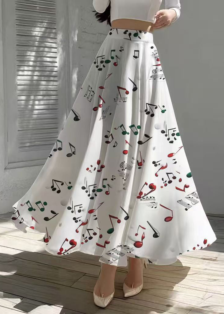 White Musical Note Print Chiffon Skirts Holiday Summer
