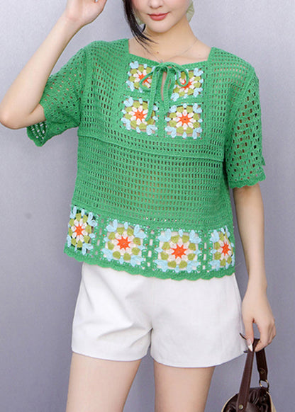 Green Square Collar Tie Lace Knit Top Summer