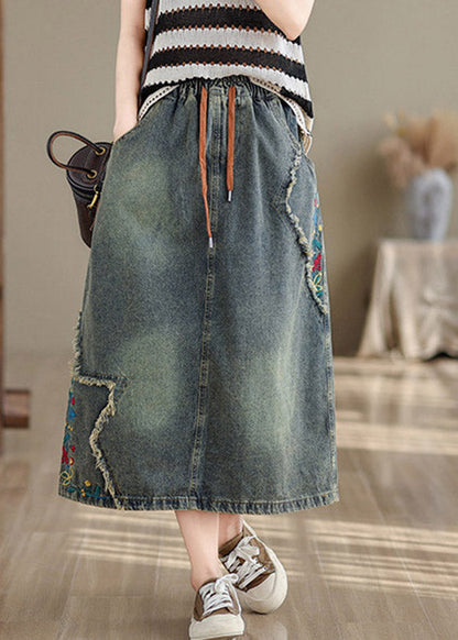 Denim Blue Pockets Patchwork Tie Waist Maxi Skirt Summer