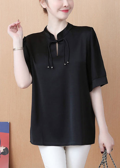 Loose Black Stand Collar Buttonpatchwork Chiffon Tops Summer