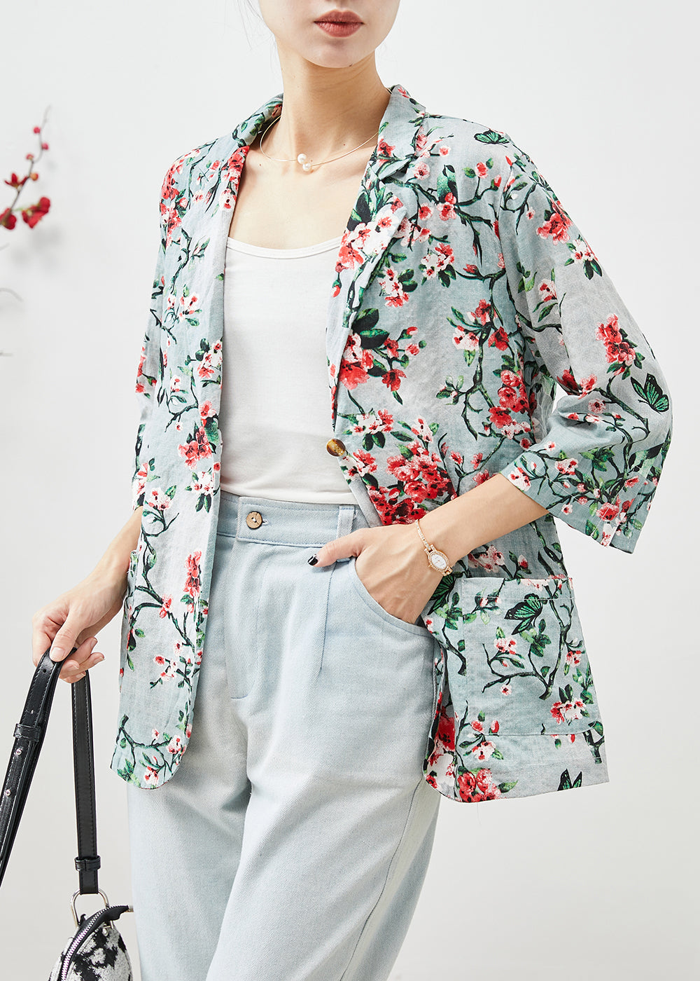 Slim Fit Plum Blossom Print Pockets Linen Coats Half Sleeve