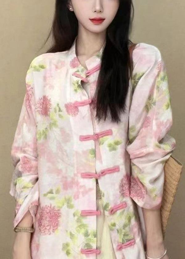 Chinese Style White Stand Collar Print Button Cotton Shirts Long Sleeve