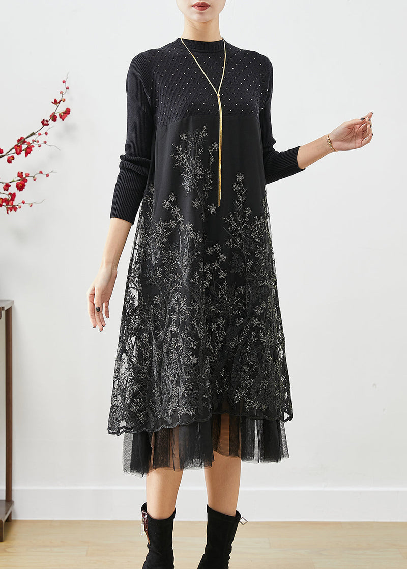Black Embroideried Patchwork Knit Dresses Fall