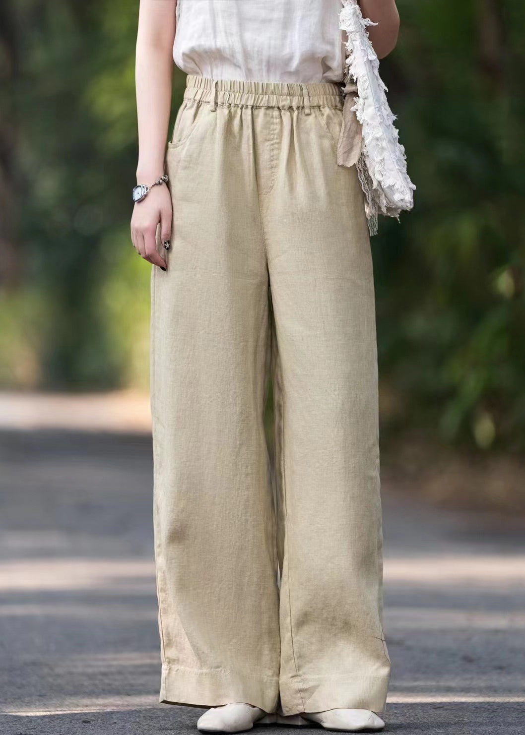 French White Elastic Waist Loose Linen Wide Leg Pants
