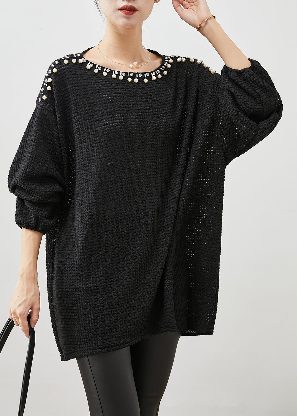 Black Oversized Nail Bead Knit Sweaters Winter