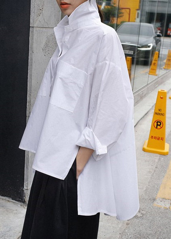 Natural White Peter Pan Collar Low High Design Button Pockets Cotton Shirts Long Sleeve Spring