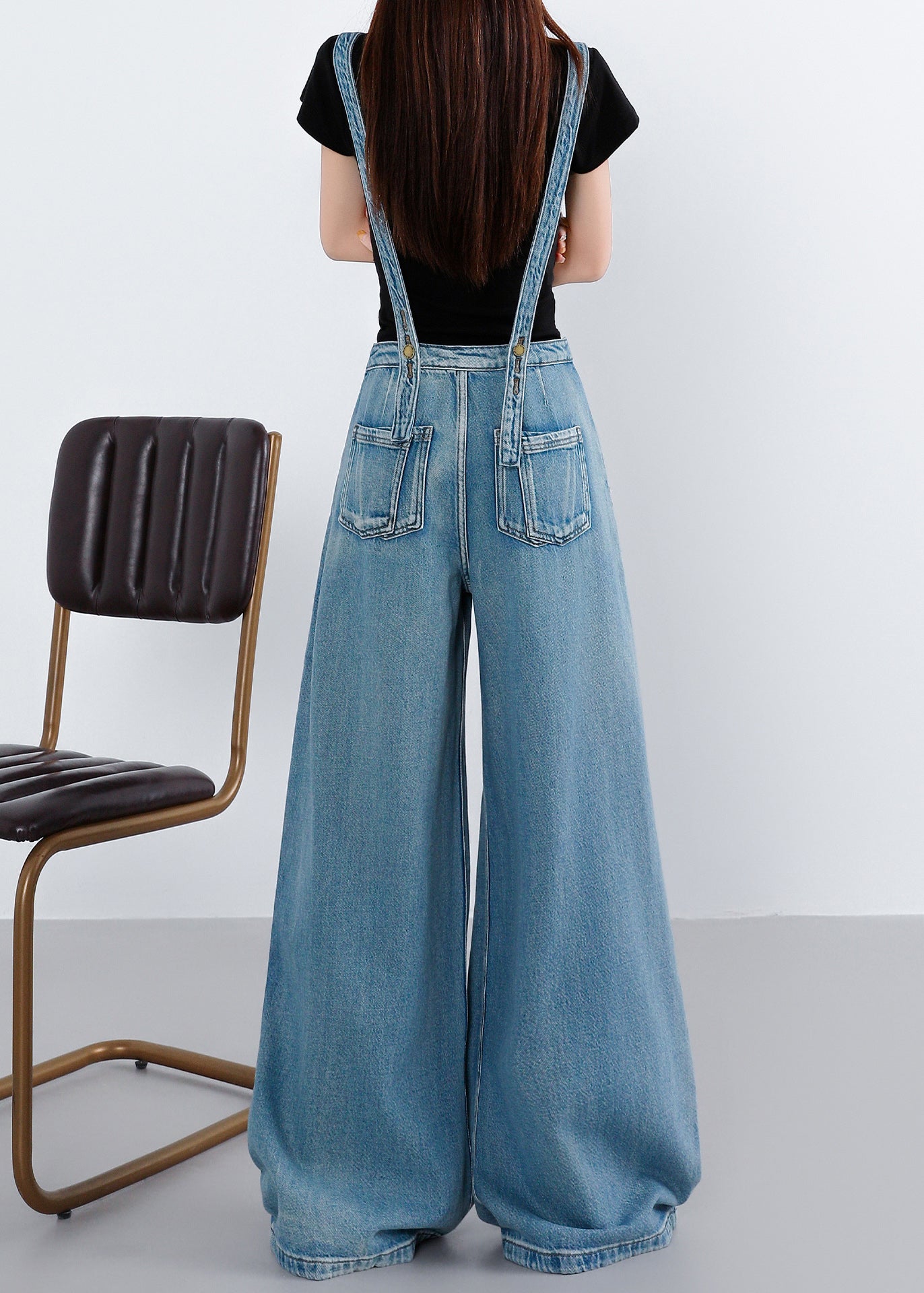 Blue Pockets Patchwork Denim Wide Leg Jumpsuit Fall