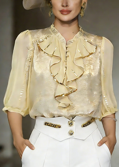 Yellow Stand Collar Ruffled Chiffon Shirt Summer