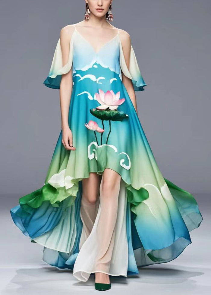 Cold Shoulder Lotus Print Chiffon Long Dress Summer