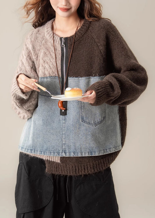 Coffee Asymmetrical Zip Up Patchwork Knit Sweater