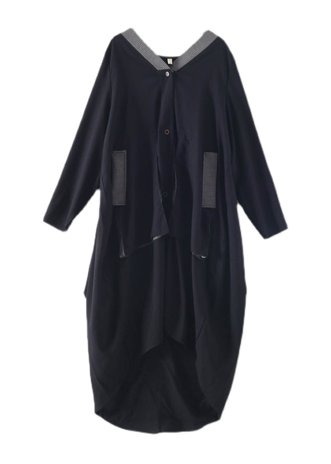 Black V Neck Asymmetrical Low High Design Button Maxi Dress Fall