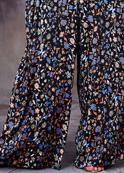 Black Patchwork Print Pockets Silk Overalls Jumpsuit Two Pieces Set Summer