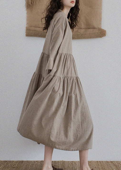 Khaki Pockets Wrinkled Patchwork Linen Dresses Fall