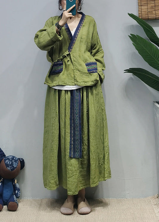 Green V Neck Linen Shirt Top Loose Skirt Sets Two Pieces Long Sleeve