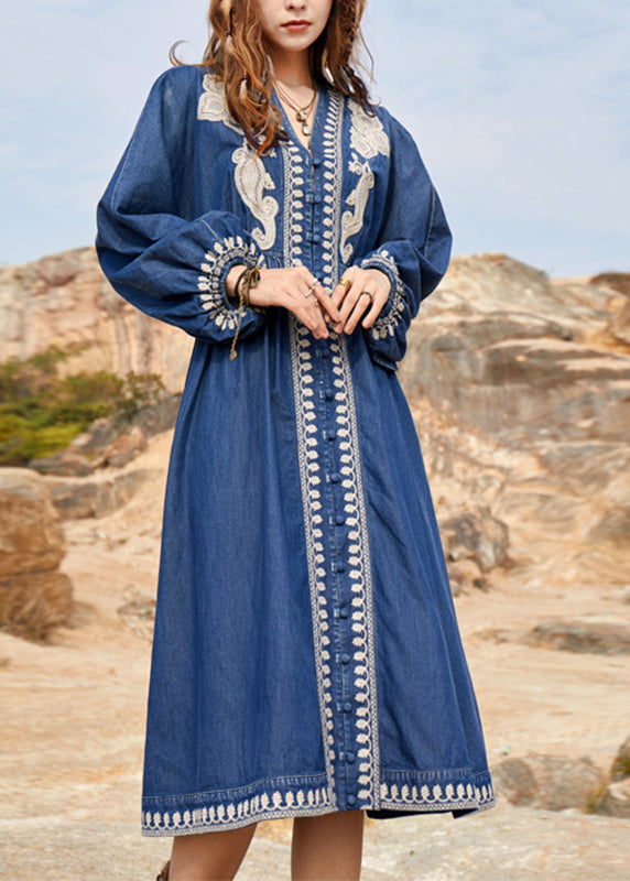 Navy V Neck Embroidered Patchwork Denim Maxi Dresses Spring