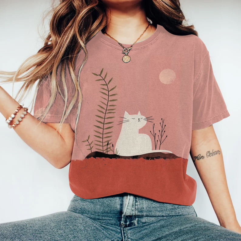 Abstract Creative Cute Cat Basking In The Sun Pattern Drawing Print Art T-Shirt elevenforest