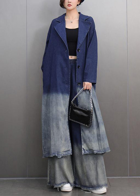 Gradient Color Denim Blue Long Coats and Wide Leg Pants Two Piece Set Spring