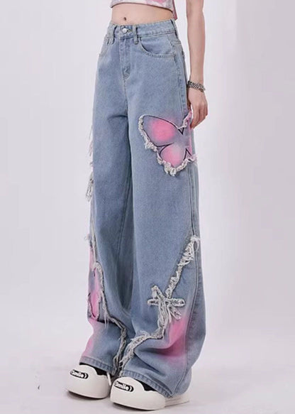 Blue Butterfly Patch Tassel Denim Straight Pants Spring