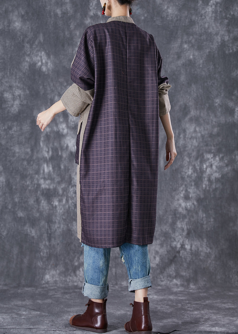 Plaid Patchwork Pockets Cotton Long Blouses Fall