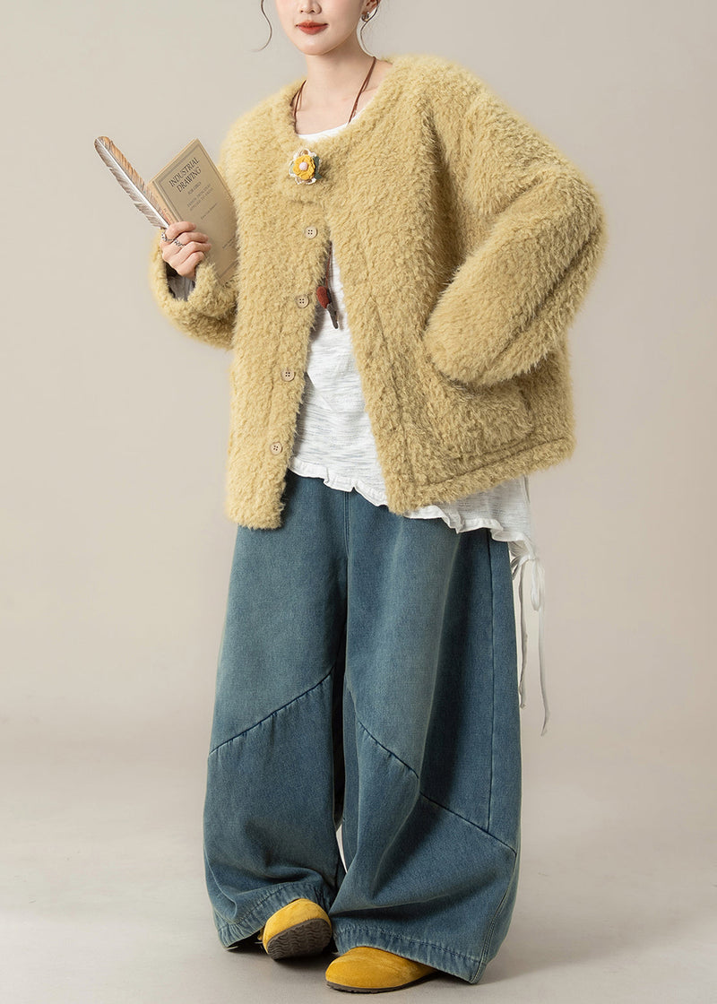 Loose Yellow Pockets Coat and Denim Wide Leg Pants Teddy Faux Fur Two Piece Set Winter