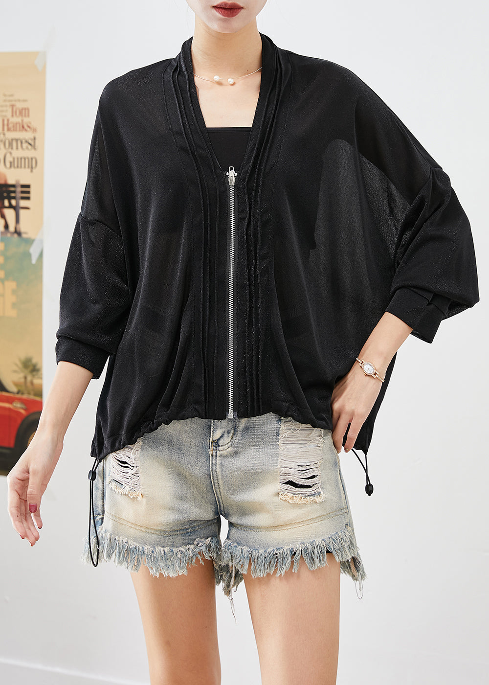 Black V Neck Drawstring Wrinkled Upf 50+ Coat Fall