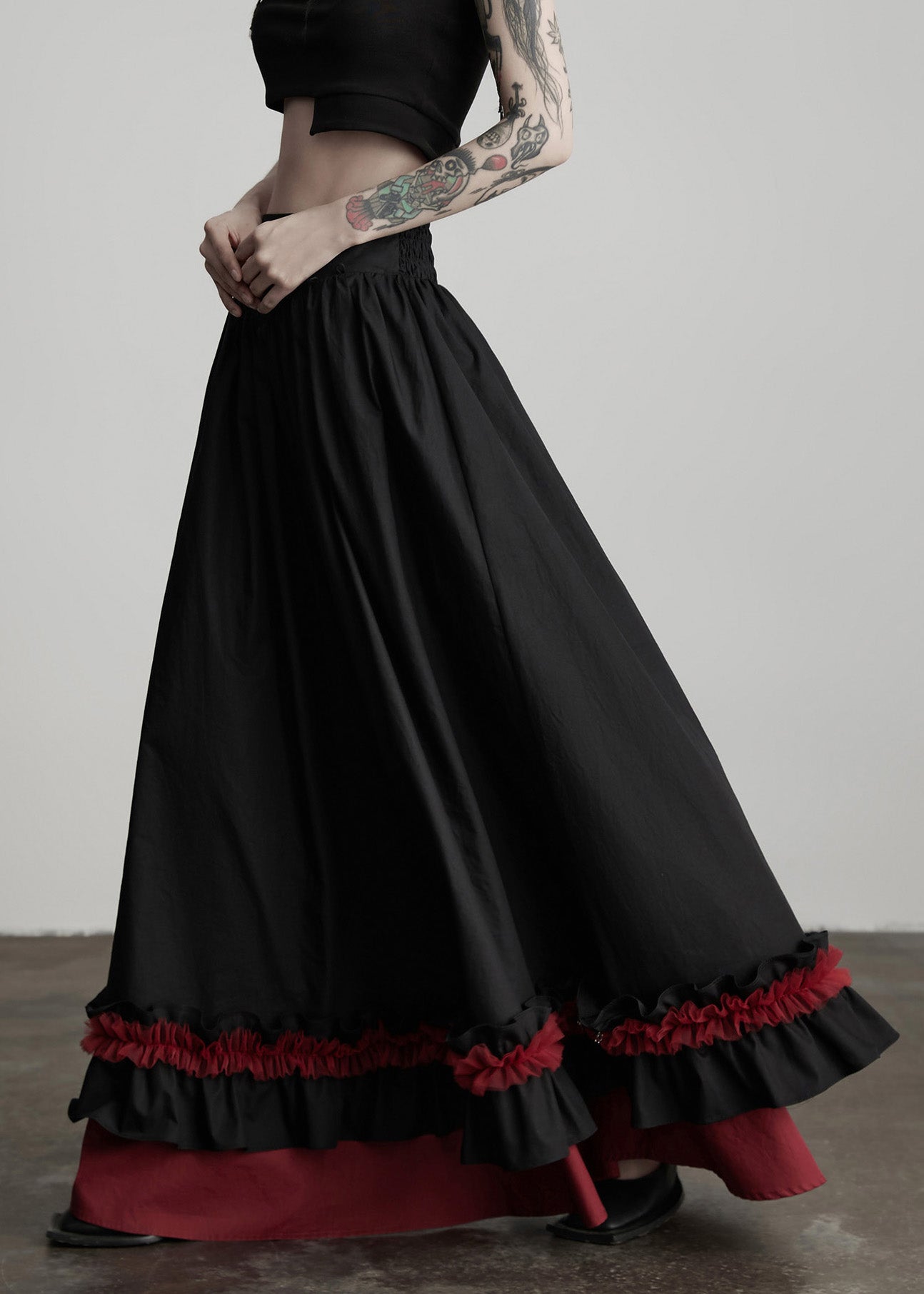 Black Ruffled Patchwork Exra Large Hem Cotton Skirts Fall