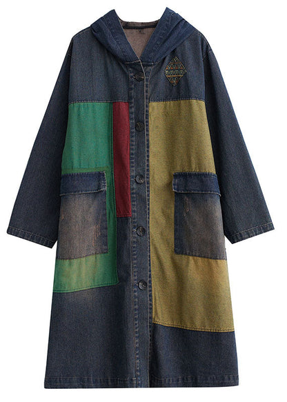 Colorblock Patchwork Button Hooded Denim Trench Coat Long Sleeve
