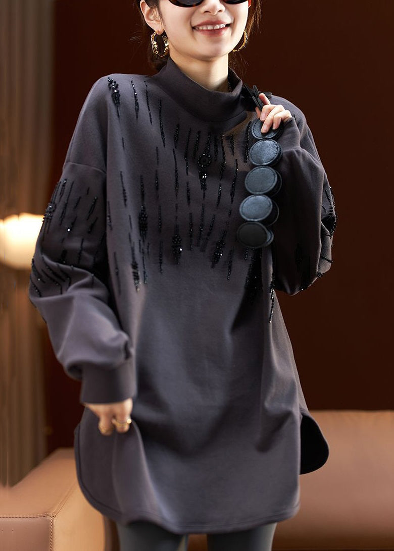 Dark Gray Turtleneck Nail Bead Cotton Sweatshirt Long Sleeve