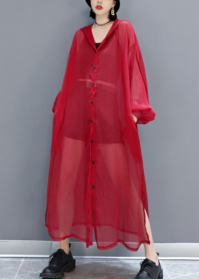 Loose Red Hooded Button Pockets Tulle Upf 50+ Coat Long Sleeve