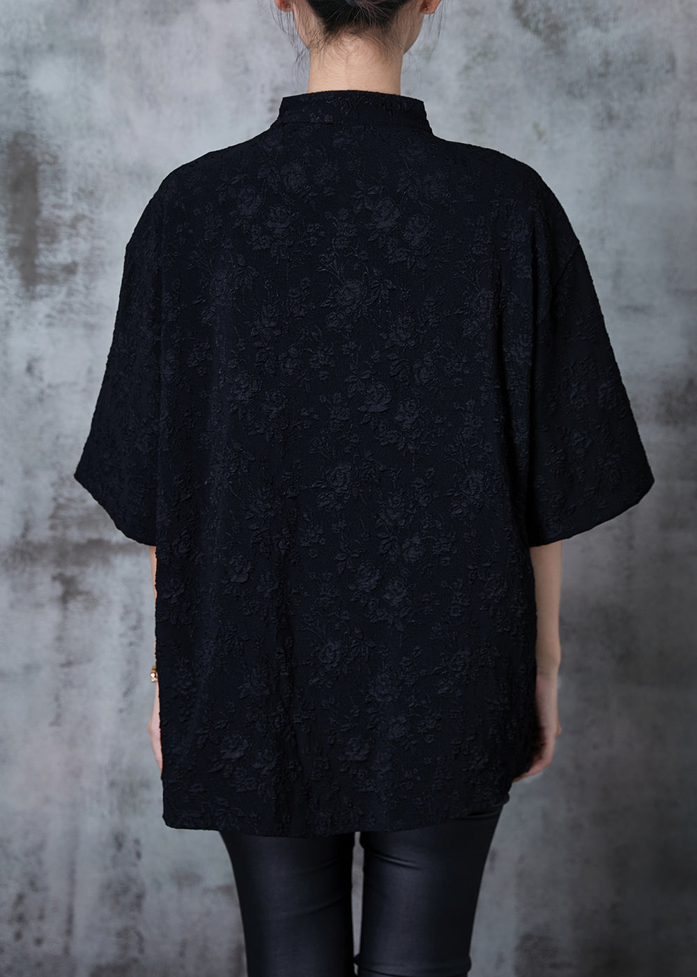 Black Jacquard Loose Silk Shirt Top Chinese Button Summer