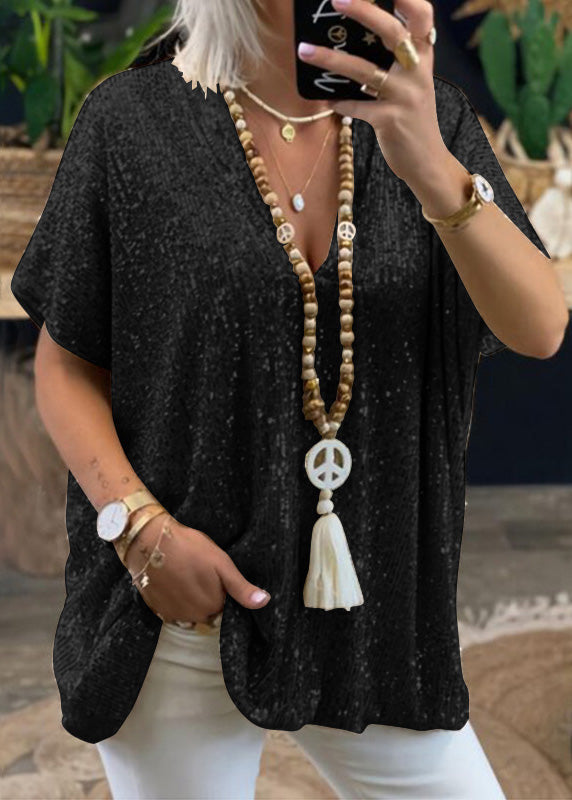 Gold V Neck Sequins Tops Summer