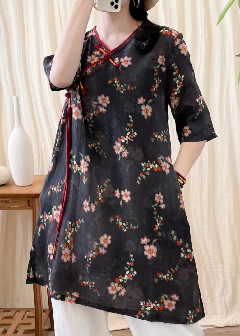 Yellow V Neck Print Chinese Button Linen Mid Dress Summer