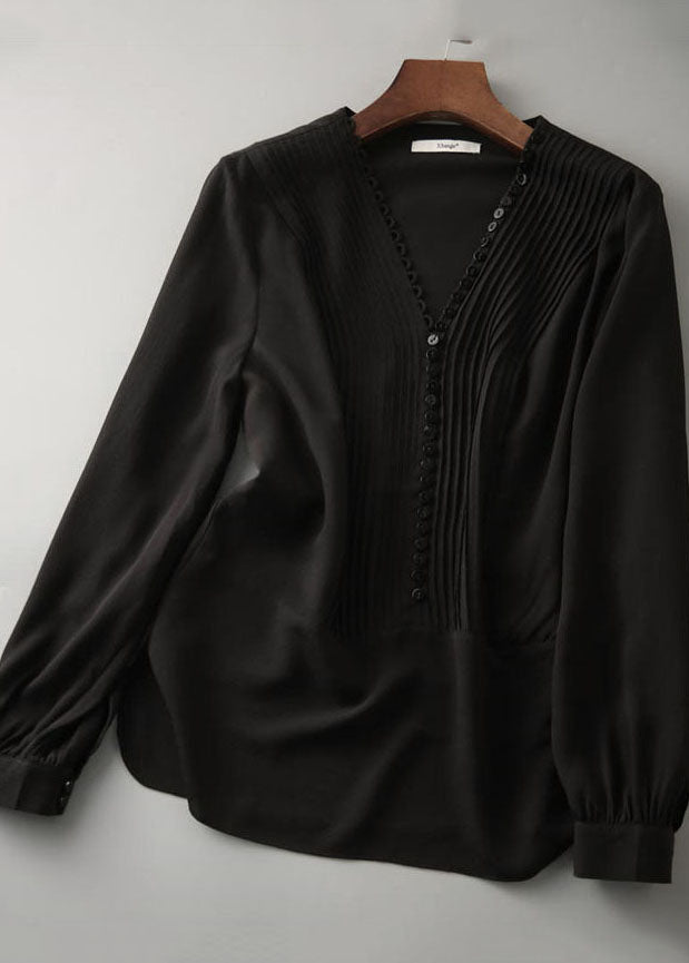 Black V Neck Wrinkled Button Silk Shirts Long Sleeve