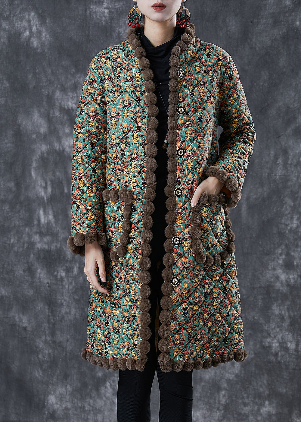 Art Green Oversized Print Warm Fleece Coat Winter