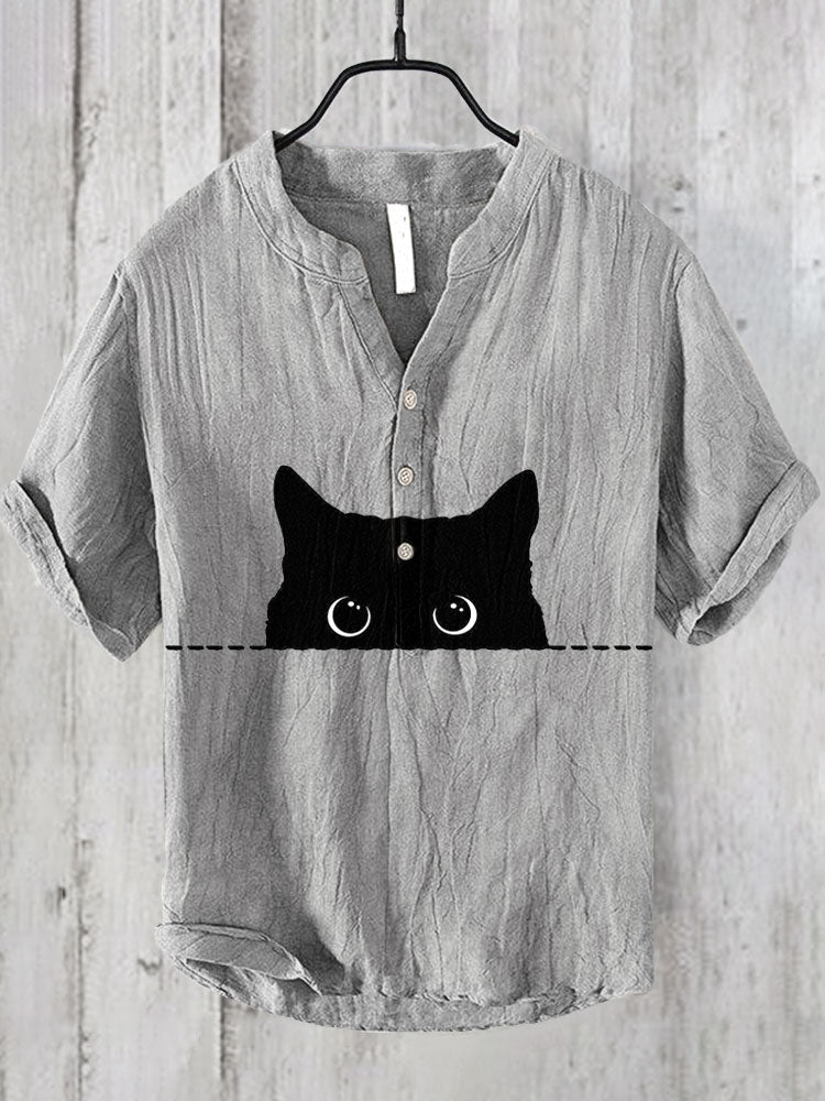 Japanese Art Black Cat Print Cotton Blend Shirt elevenforest