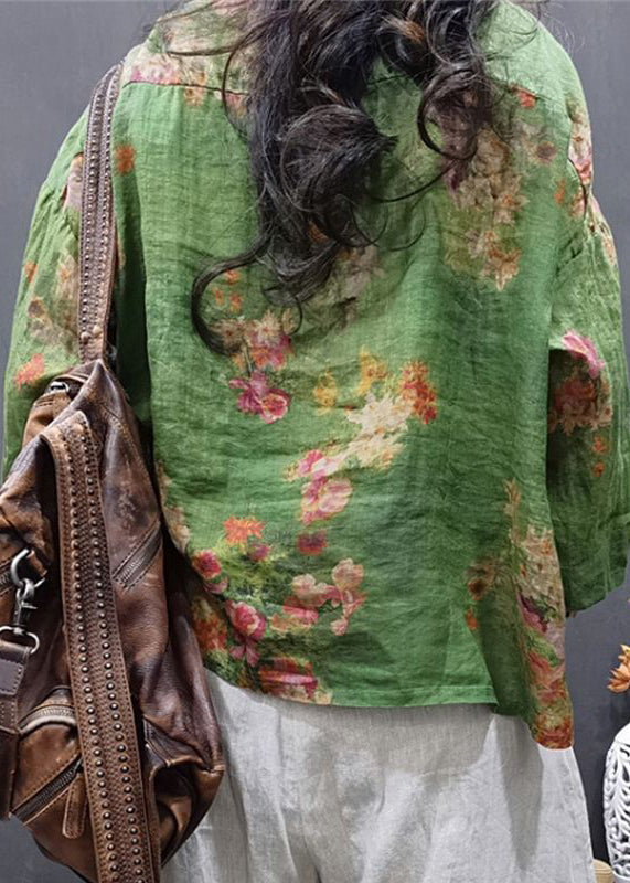 Green O-neck Pockets Linen Shirt Spring