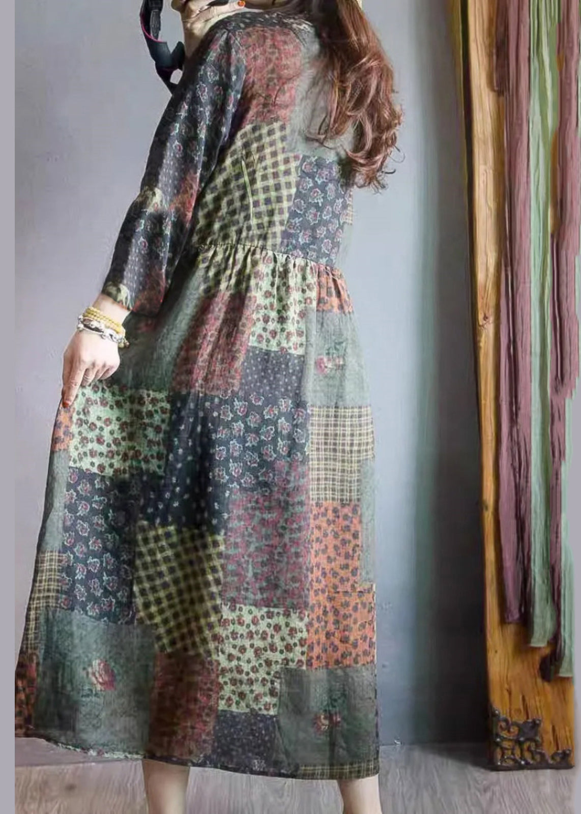 Colorblock Oversized Print Linen Long Dresses Spring