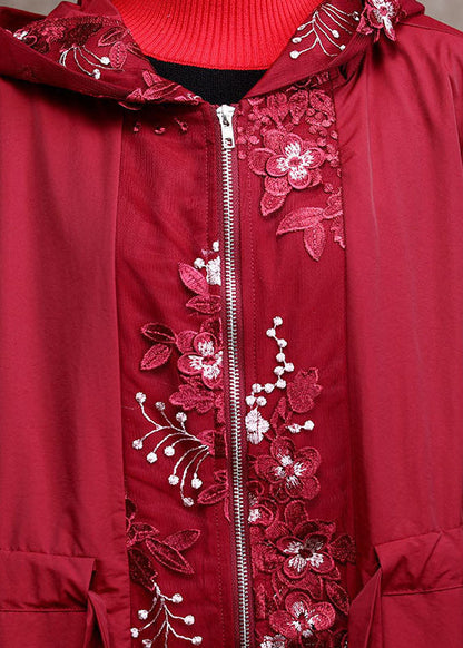 Red Zippered Patchwork Embroideried Spring Coats