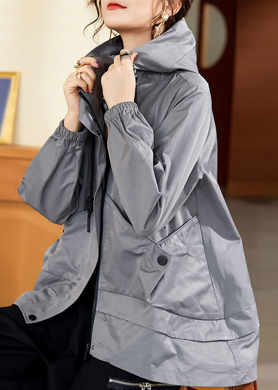 Gray Patchwork Zippered Button Pockets Cotton Hooded Coats Long Sleeve