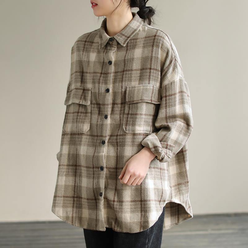 Lapel Patchwork Spring Tunic Pattern Design Khaik Plaid Shirt