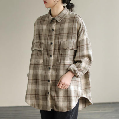 Lapel Patchwork Spring Tunic Pattern Design Khaik Plaid Shirt