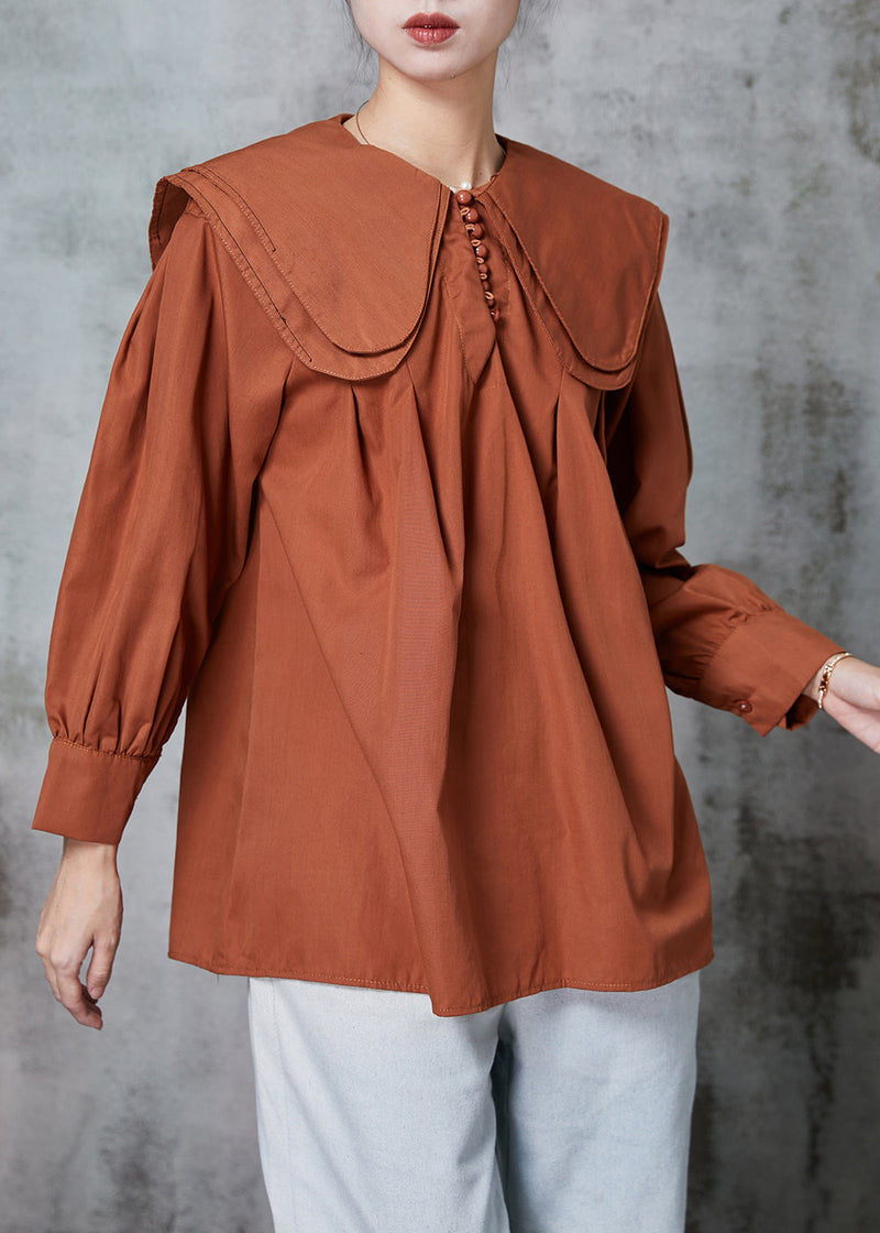 Brown Double-layer Collar Cotton Shirt Top Spring