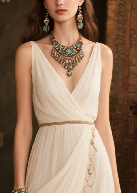 White V Neck Side Open Tulle Beach Dresses Summer